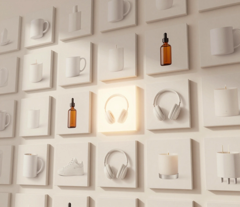 A bright storefront product grid on a laptop screen where every tile shows the same consistently lit, clean-background product photography style