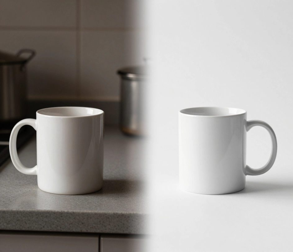 Side-by-side transformation of the same product photo — a dim phone snapshot on the left, a bright studio shot with clean backdrop and balanced shadows on the right