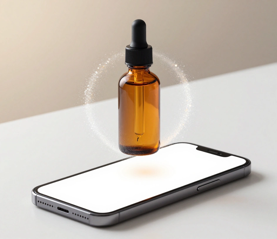 A typed product description line for an amber glass serum bottle on a phone screen resolving into a fully rendered product photo with realistic glass reflections