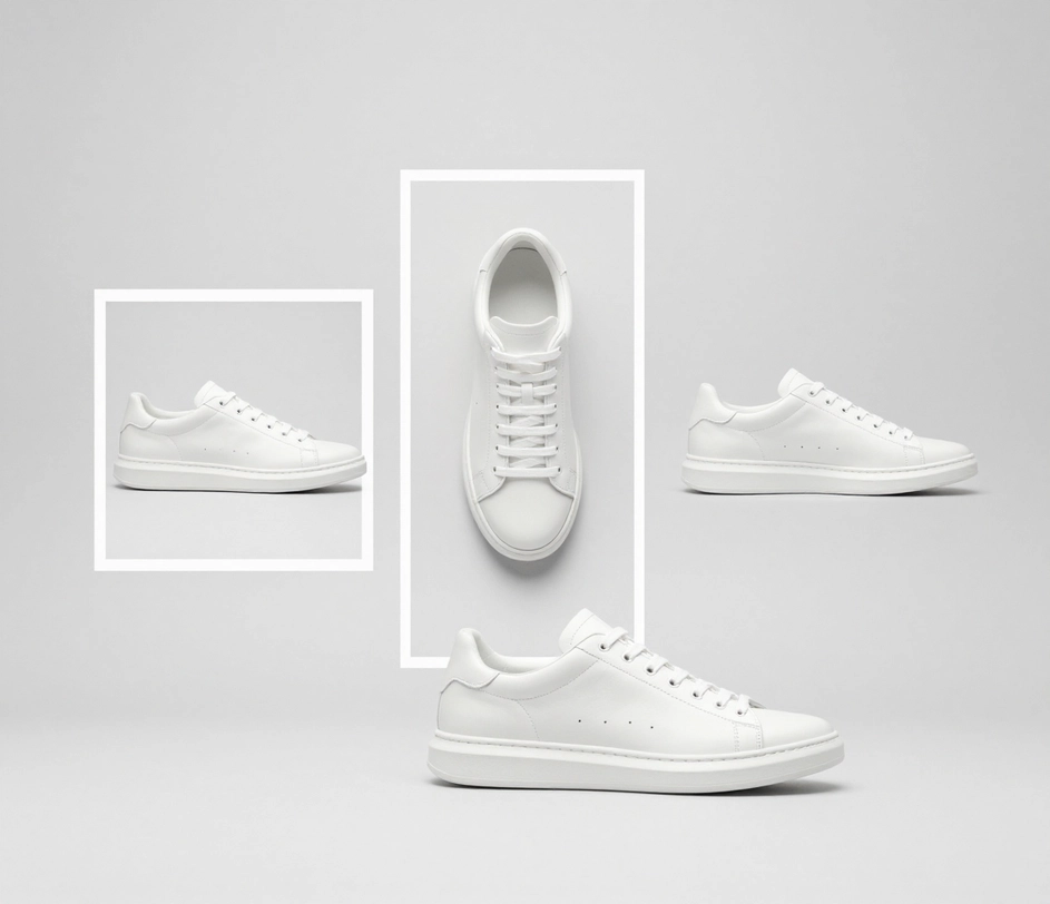 The same sneaker product shot reframed into three marketplace frames — square 1:1 card, tall 4:5 social post, and wide 16:9 hero banner — shown as clean ratio outlines