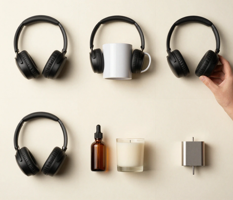 A grid of six different products — headphones, mug, sneaker, serum bottle, candle, and charger — photographed with identical lighting and background for a cohesive catalog