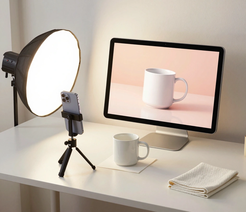 A compact home product-photo studio setup with a phone camera, a small light tent, and a skincare bottle transforming into a polished e-commerce hero shot on a monitoring screen