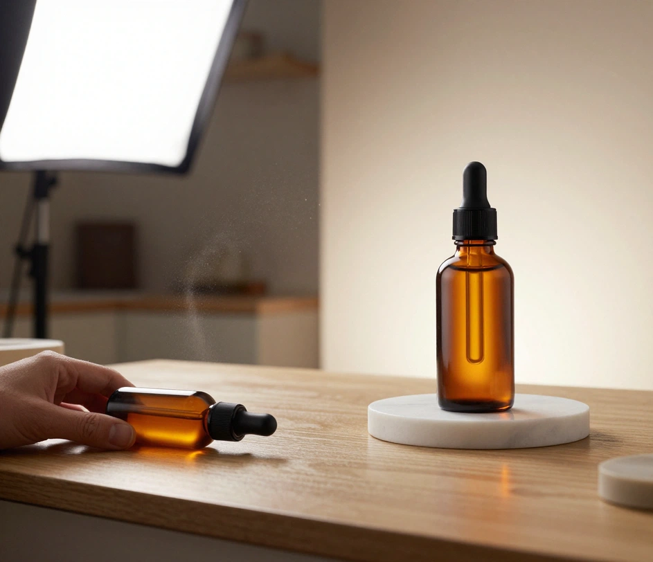 A plain phone photo of a ceramic skincare bottle on a kitchen table transforming into a studio-quality product shot with a marble pedestal, soft lighting, and a clean gradient backdrop