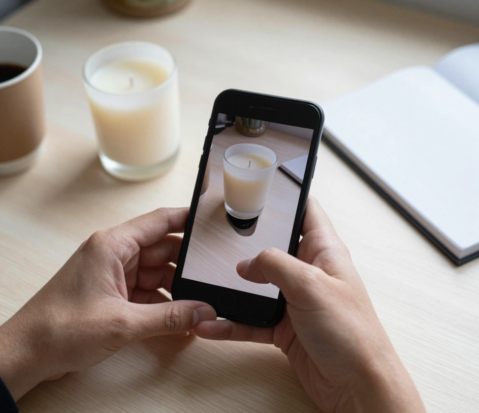 Hands holding a phone showing a casual product snapshot of a candle on a kitchen table, about to drag it into the upload slot of the generator