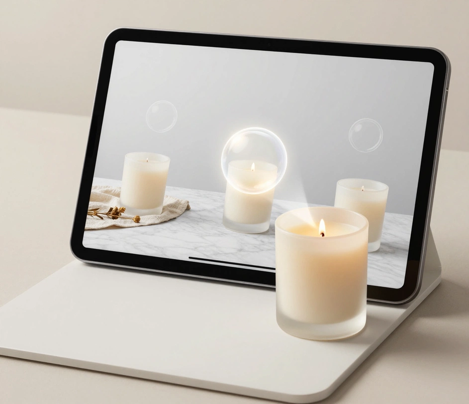 A prompt field being typed with the scene wanted for the same uploaded candle — clean white studio, marble surface, lifestyle flat-lay, and gradient backdrop — with a live preview updating beside it