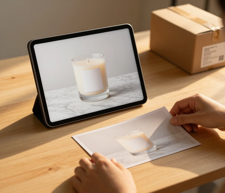 The finished candle hero shot at square 1:1 ratio being downloaded from the editor alongside a live Shopify product listing preview