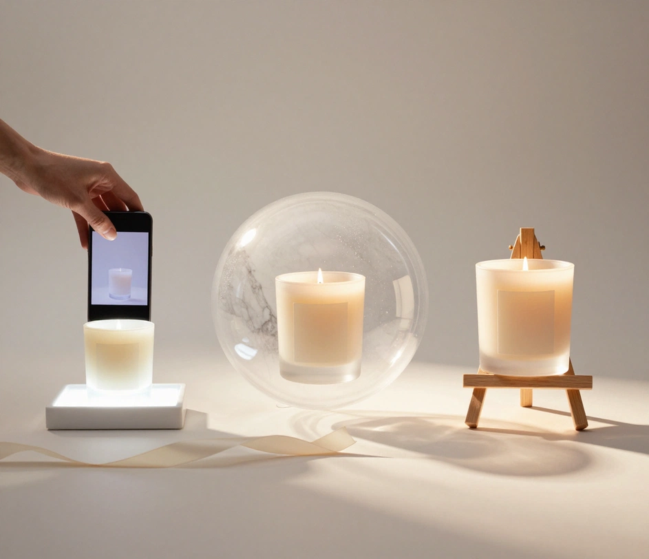 A three-step product photo journey — a hand dropping a phone photo of a candle into the editor, a prompt being typed to describe the white studio and marble scene, and the finished polished hero shot ready to download