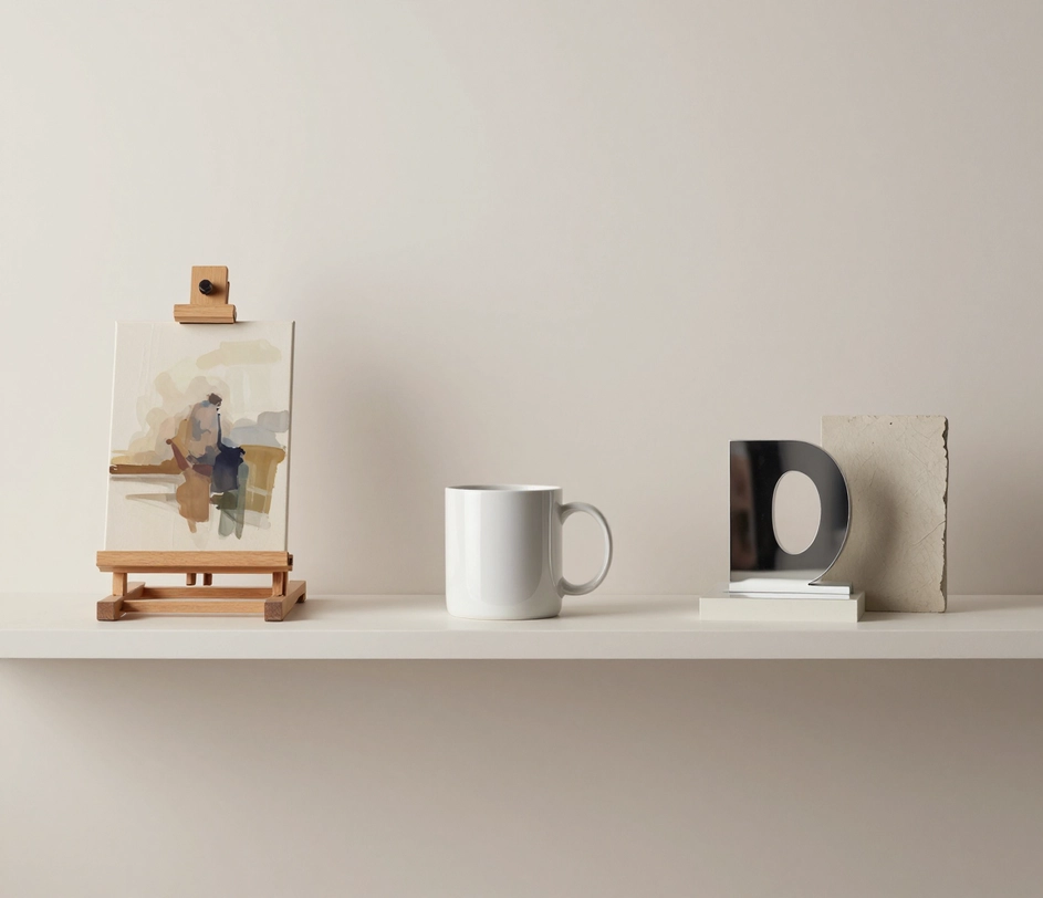 A bright studio shelf of related AI image tools — a text-to-image art canvas, a photo restyled into a new scene, and a logo sketch resolving into a finished brand mark — connected by soft light paths