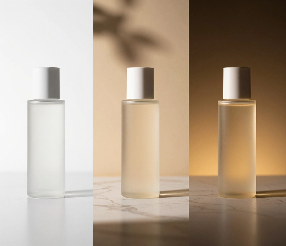 The same skincare bottle rendered at three ascending quality tiers on a studio counter — from a clean bright product shot, to a richer scene with truer colors and deeper shadows, to a commercial-grade hero image with crisp label typography and a premium dark backdrop