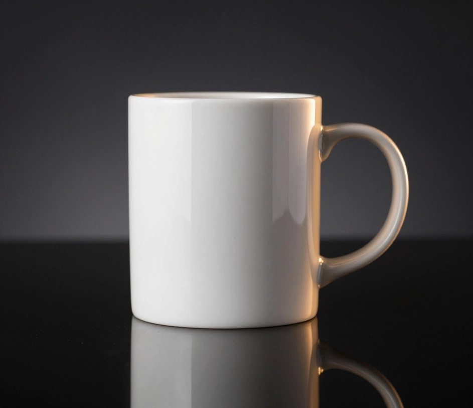 Master-tier 4K commercial hero shot of the same white ceramic mug with crisp glaze highlights, immaculate reflections, and a premium dark gradient backdrop