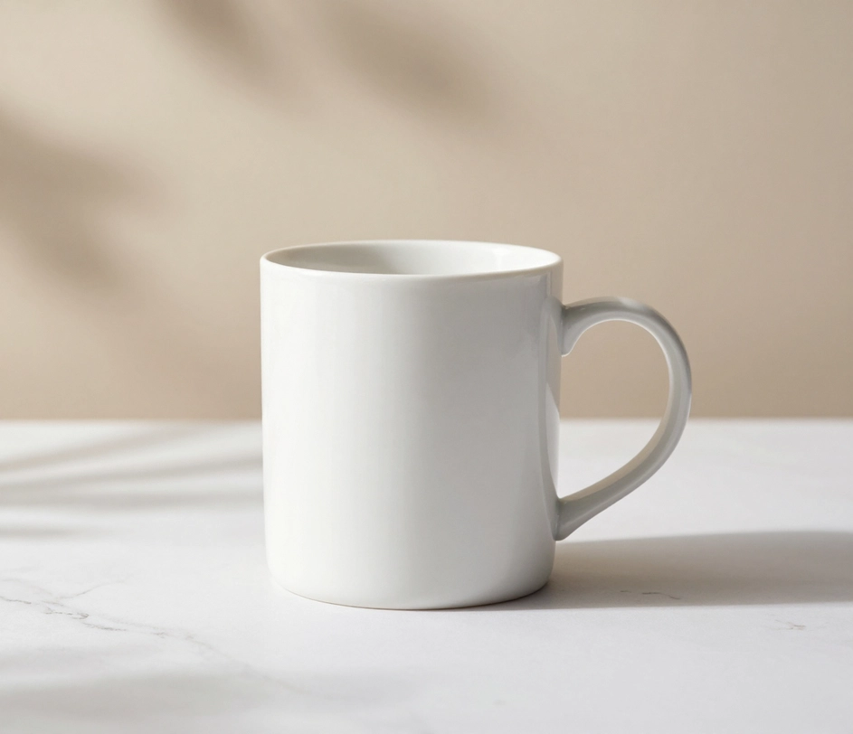 Pro-tier product shot of the same white ceramic mug on a warm marble surface with richer color rendering, softer shadow transitions, and truer material texture