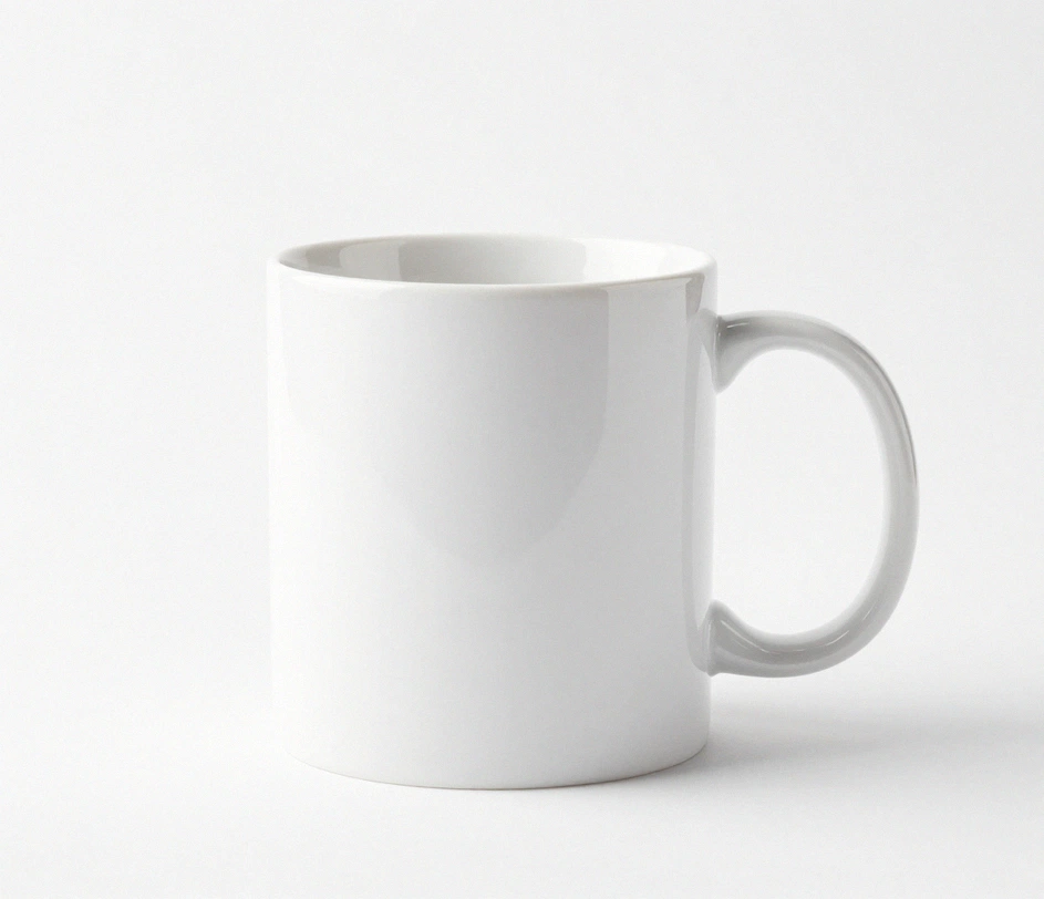 Standard-tier product shot of a white ceramic mug on a clean white studio backdrop with even lighting and accurate proportions