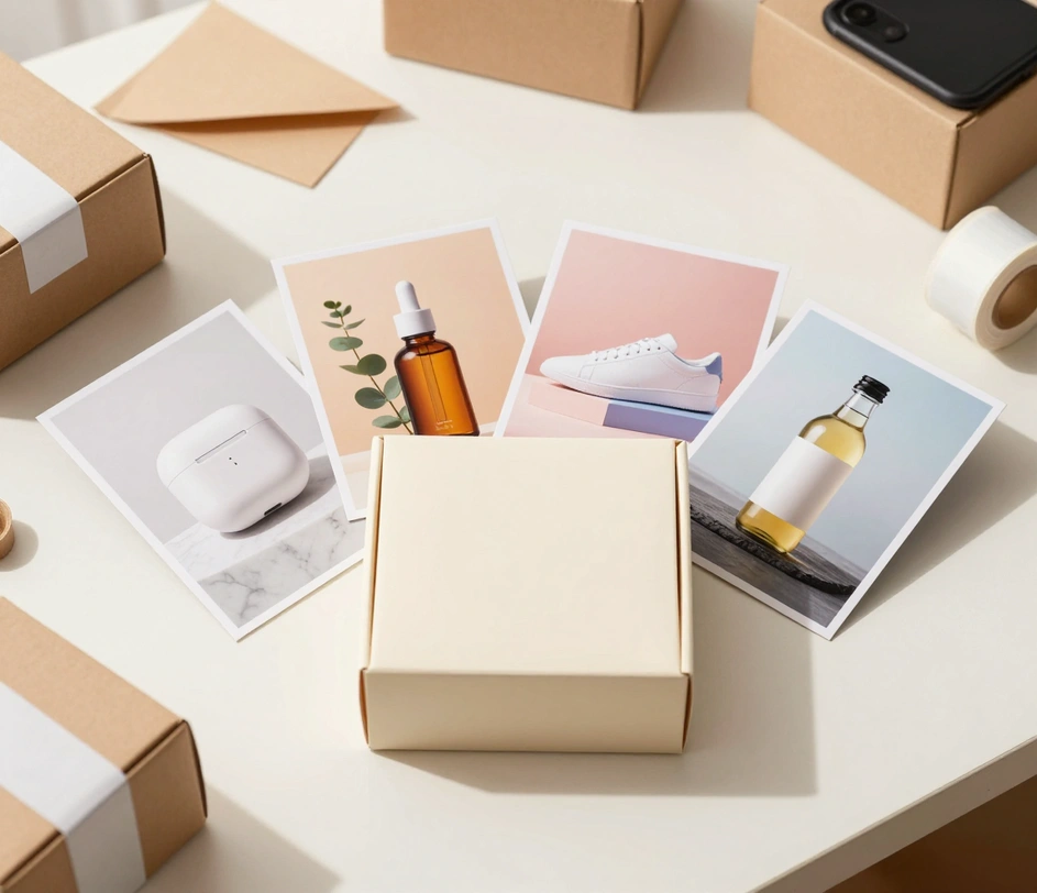 An e-commerce seller's packing desk with four glossy finished product photo cards fanned around a gift box — an earbud case on marble, a serum bottle with botanical props, a sneaker on a gradient stand, and a beverage bottle on slate