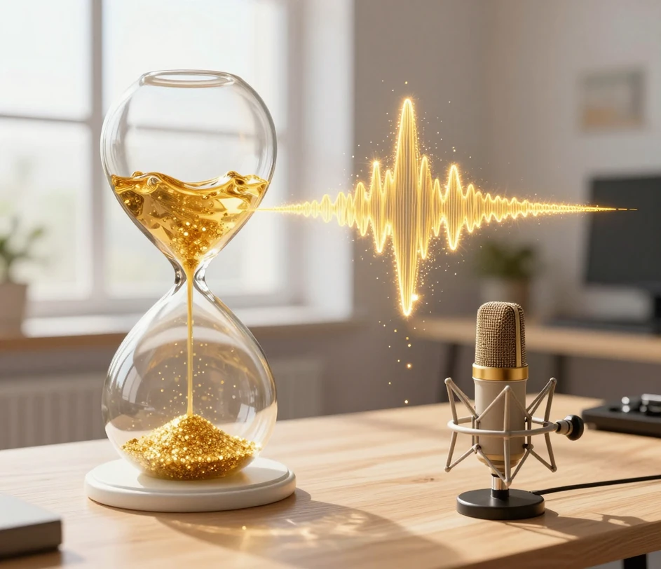 A glass hourglass of flowing golden light beside a freshly completed amber waveform ribbon, above a brass condenser microphone in a sunlit studio workspace