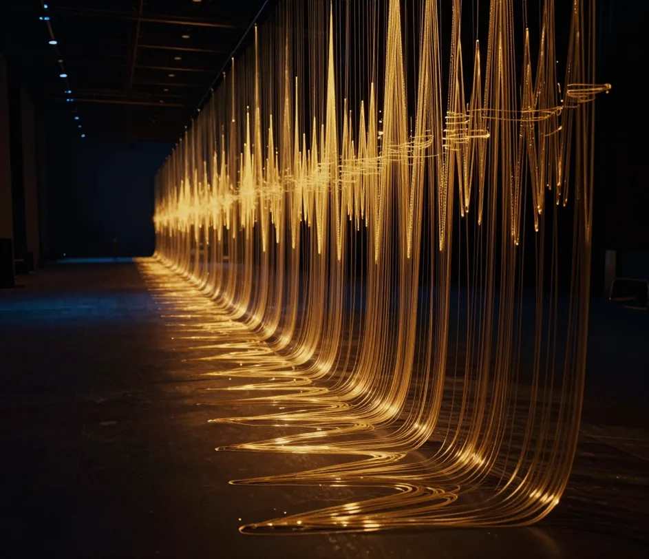 A single golden light ribbon stretching from deep studio distance and building into a dense song-length amber waveform with verse and hook sections