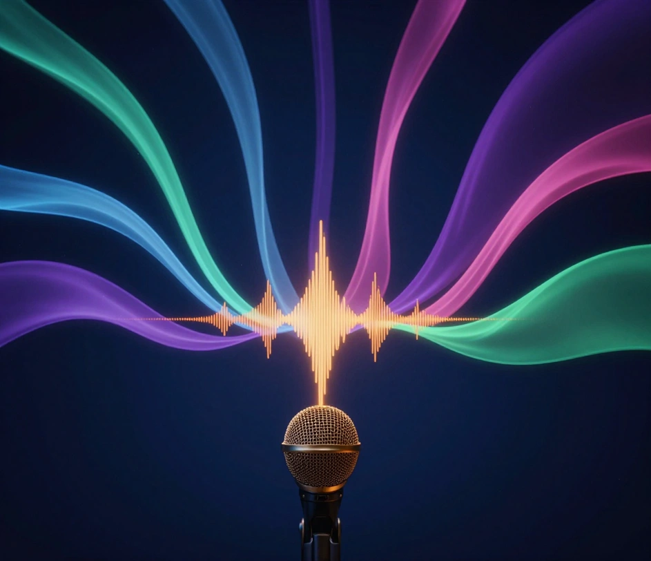 Five cool-toned sine-wave light ribbons converging into one warm amber vocal waveform passing through a brass microphone