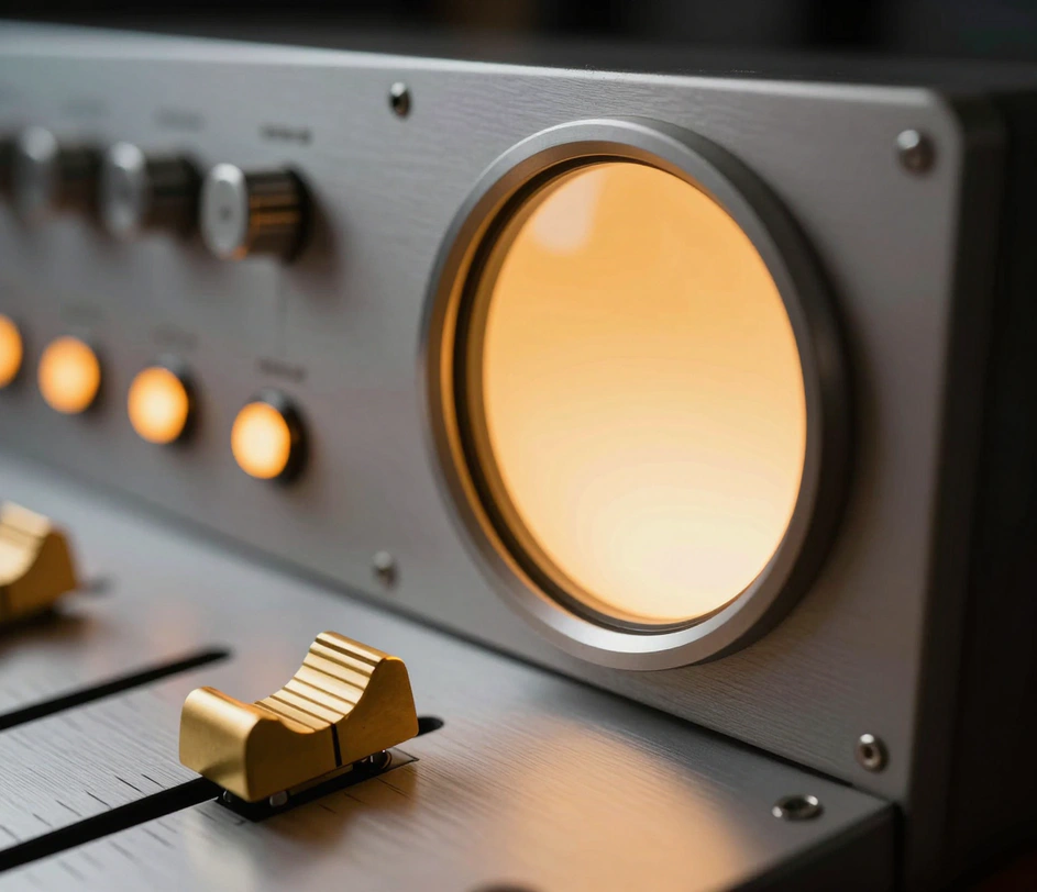 Macro close-up of analog broadcast hardware: a polished brass fader, illuminated amber toggle switches, and a markless glowing glass window on a brushed-metal panel
