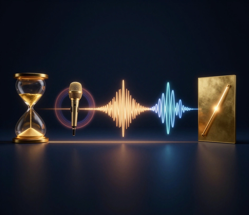 Five glowing capability emblems — an hourglass of golden light, a haloed microphone, a densifying waveform ribbon, merging multicolor sine waves, and a blank brass panel — joined by one amber light stream across a dark studio