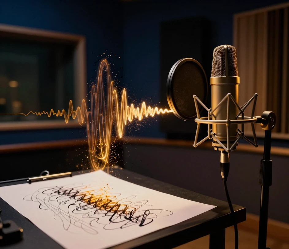 Abstract ink strokes lifting off a lyric page as glowing golden particles that flow into a brass-grille condenser microphone inside a night-lit vocal booth