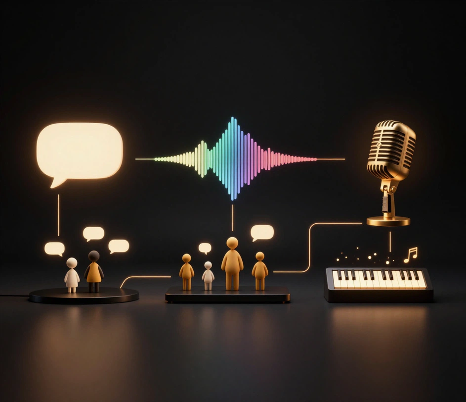 A gallery of glowing voice-tool emblems — a speech bubble, a morphing waveform, a haloed microphone, character silhouettes, and a piano-key light strip — linked by amber fiber-optic lines