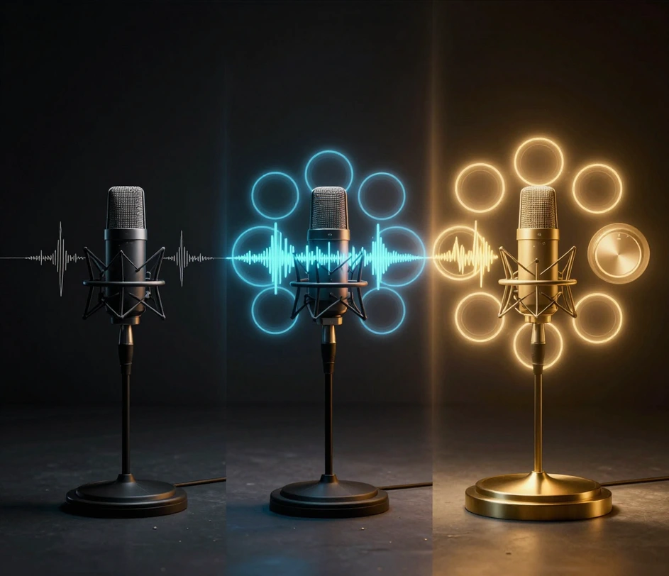 Three microphone stations ascending from a single plainly-lit mic to a brass-riser flagship with eight glow halos, showing the Standard to Master tier progression