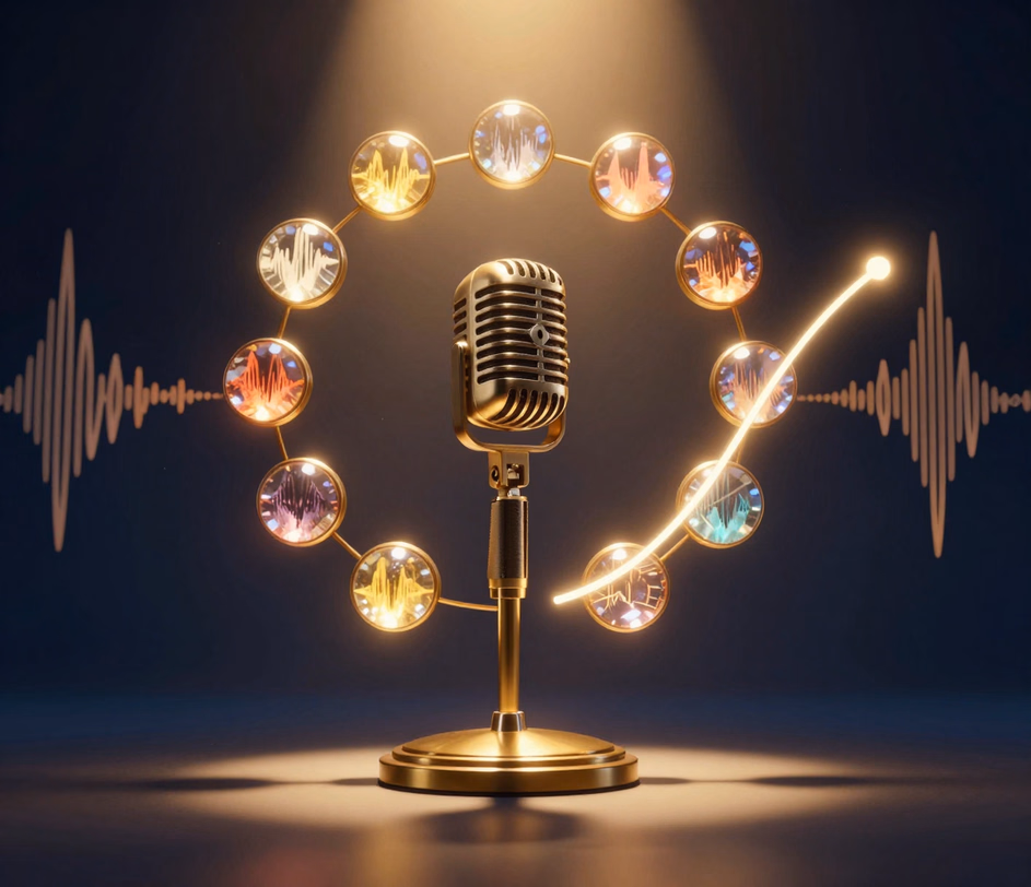 A brass vintage microphone on a riser ringed by eight glowing crystal shards, with a luminous speed arc and tempo-varying waveform ribbons