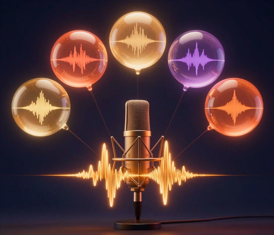 A condenser microphone surrounded by five warm-hued voice orbs, each holding a distinct waveform cadence, feeding one dynamic amber ribbon