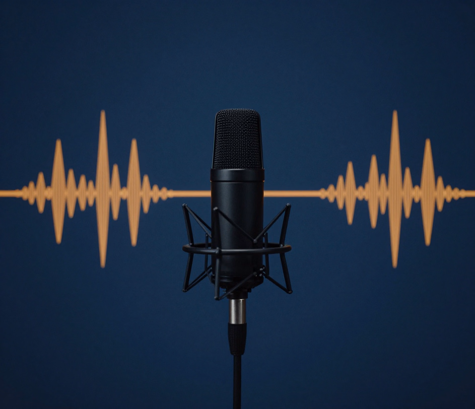A single matte-black dynamic microphone carrying one steady, evenly-peaked amber waveform against a deep blue studio background
