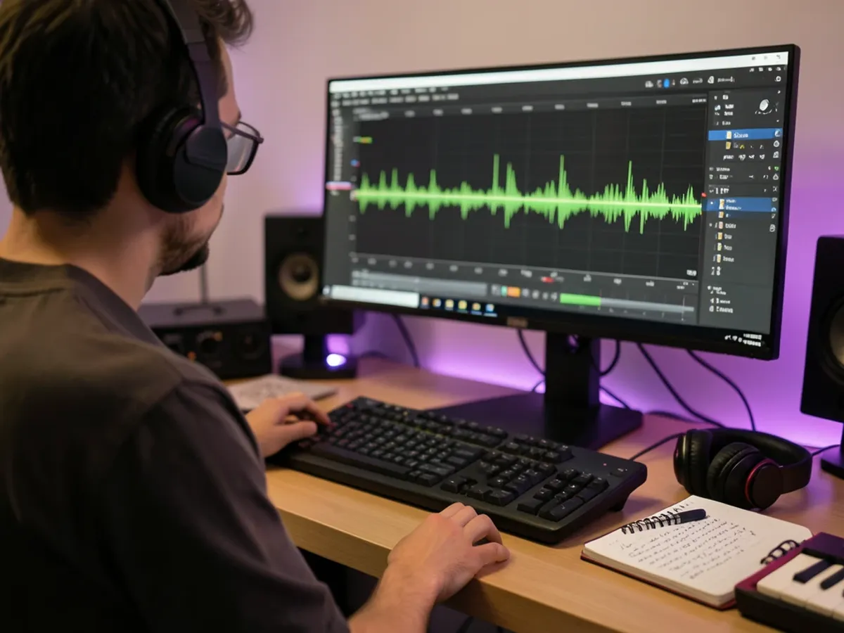 Music producer at a workstation listening to a rap vocal reference track generated from written lyrics