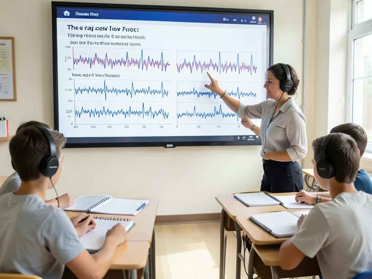 Music classroom display showing waveform comparisons of the same rap lyrics performed in different flow styles