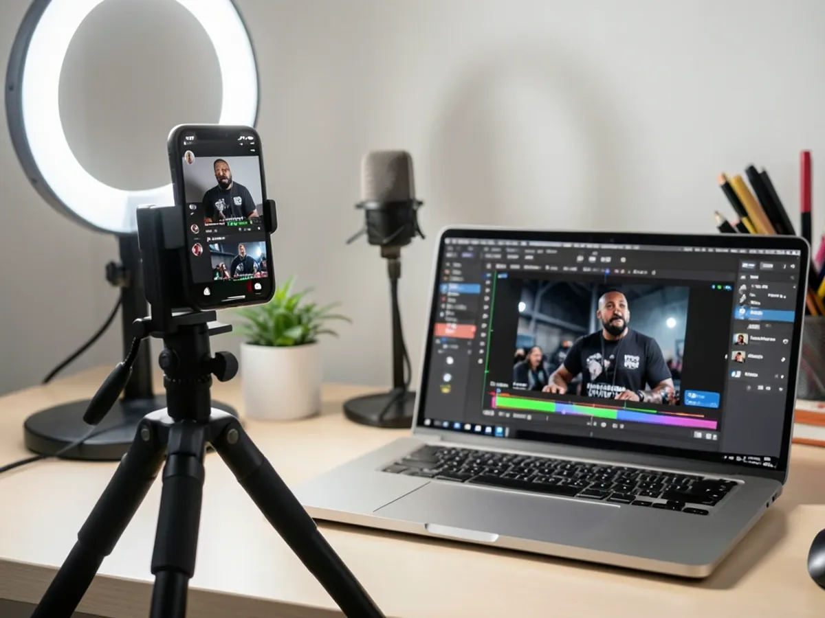 Smartphone showing a short-form video being edited with a generated rap vocal track layered over the footage
