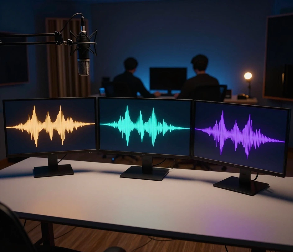 Three frameless studio monitors each carrying a single colored waveform light band, beside a boom-arm microphone in a night production studio