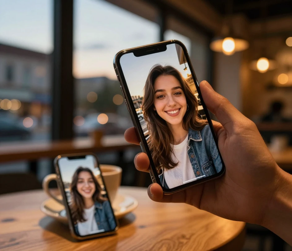 Hotové uhlazené selfie ze zlaté hodiny zobrazené velké na displeji telefonu nad stolní kavárenským stolem, přičemž původní obyčejný interiérový snímek leží na stole pod ním