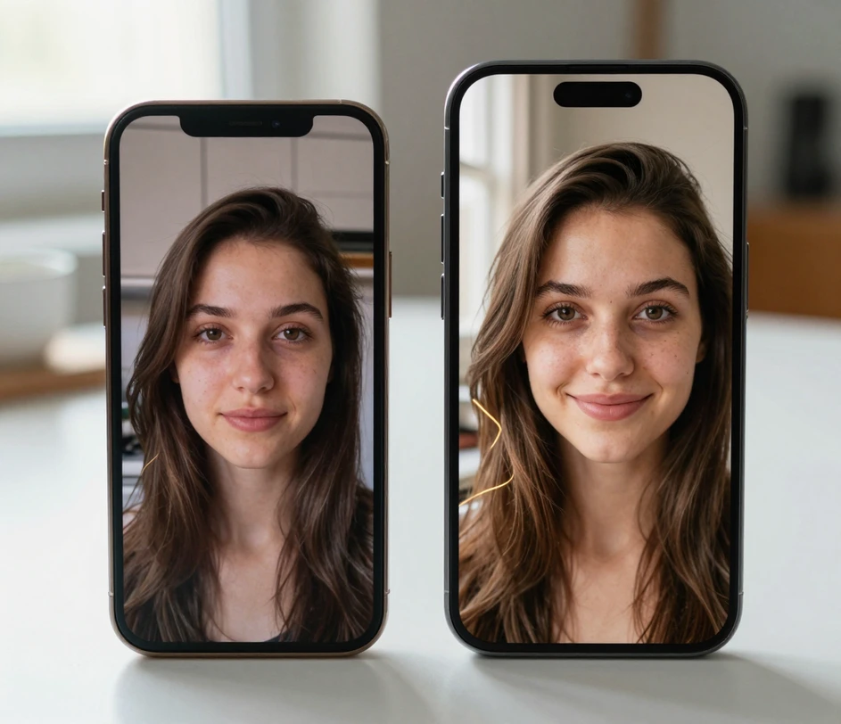 Two phone screens side by side showing the same young woman in a plain kitchen snapshot and in a polished golden-hour selfie, a thin line of light connecting the identical faces to signal identity preservation