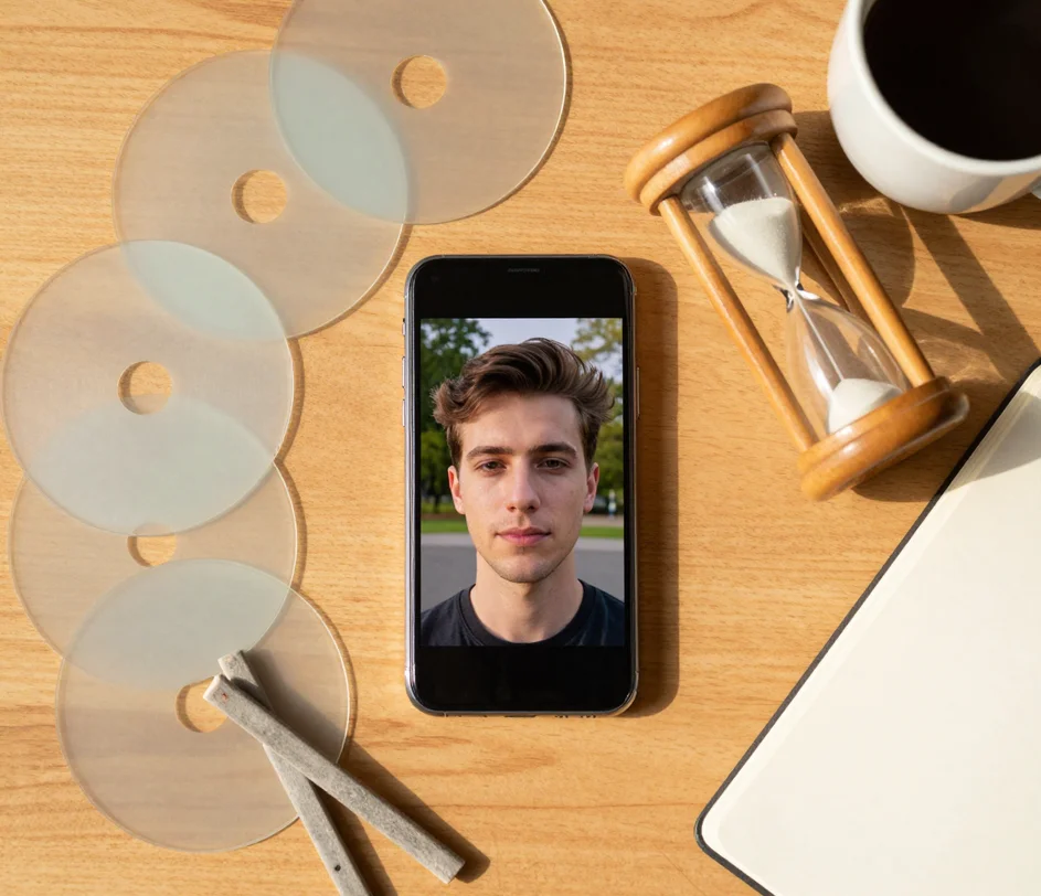 A flat-lay of a phone showing a freshly generated sunlit selfie beside a scattered arrangement of editing app icons and a clock, contrasting hours of manual retouching with a single seconds-long generation