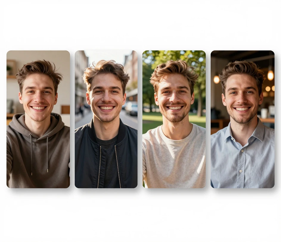 Four style cards fanned out like a wardrobe rail showing the same man rendered in relaxed casual hoodie, polished social outfit, sunlit outdoor park look, and warm smart-casual dating selfies