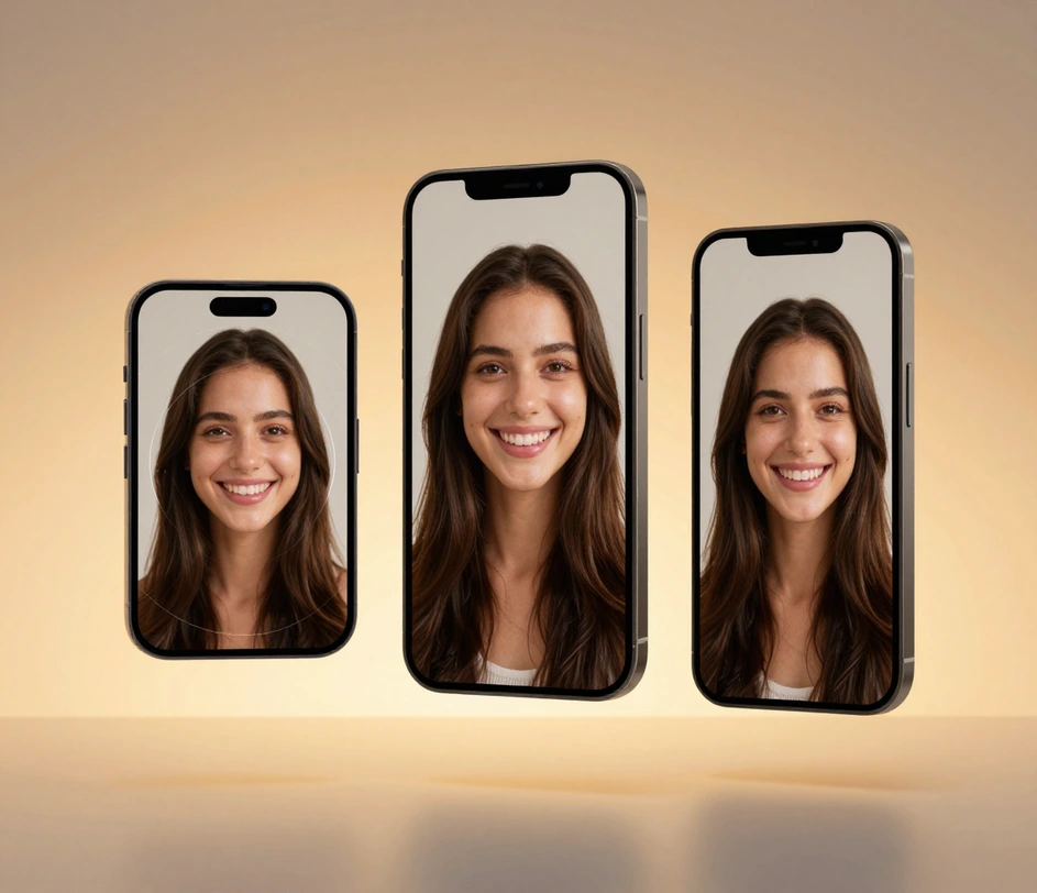 Three phone frames displaying the same selfie in a square circular profile crop, a vertical 4:5 Instagram feed post, and a 3:4 profile header format with correct headroom in each