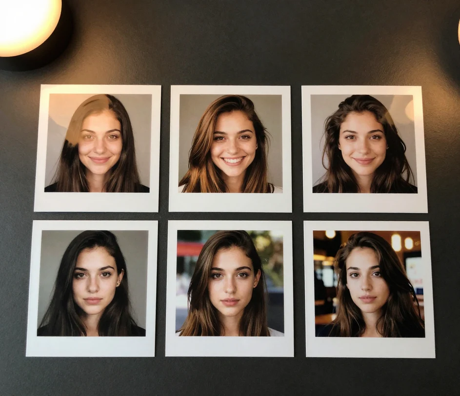 A grid of five selfie variations of the same woman with subtle differences in smile, outfit warmth, and golden-hour lighting arranged on a dark editing canvas for side-by-side comparison