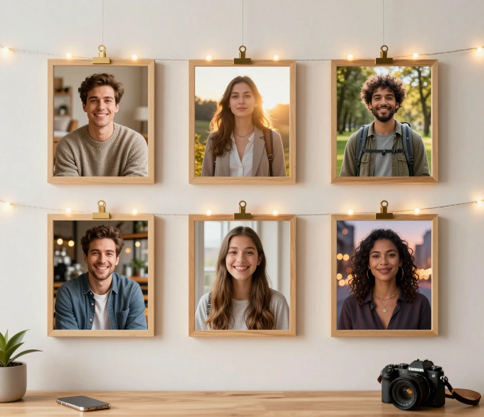 A moodboard wall in a bright creator studio displaying six polished AI-generated selfies of diverse people in casual, social, outdoor, and dating looks under warm string lights