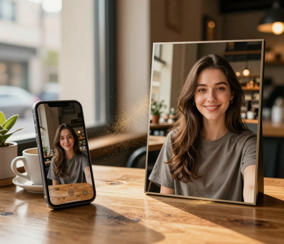 Vlevo obyčejný telefonní snímek, který prochází teplým proudem světla a vpravo se mění v uhlazené selfie připravené na sociální sítě — stejný člověk ve stylovém neformálním outfitu před jemně rozostřeným pozadím kavárny v záři zlaté hodiny