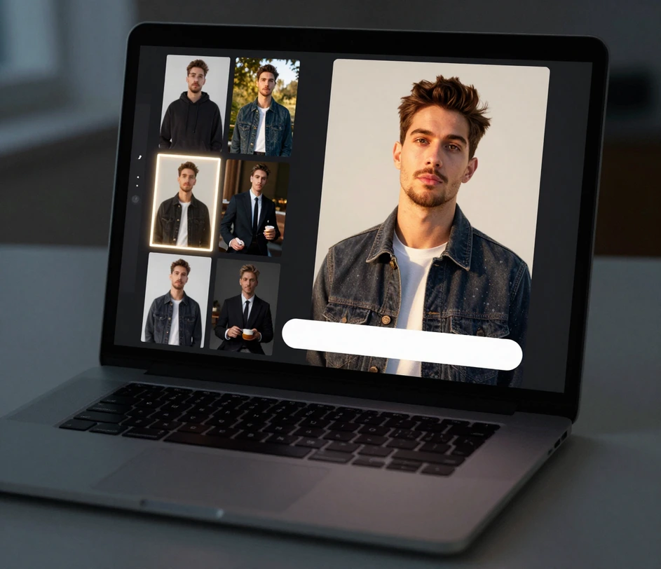 A laptop screen split between a look selection panel with four style thumbnails and a text prompt field, a polished selfie materializing on the canvas side