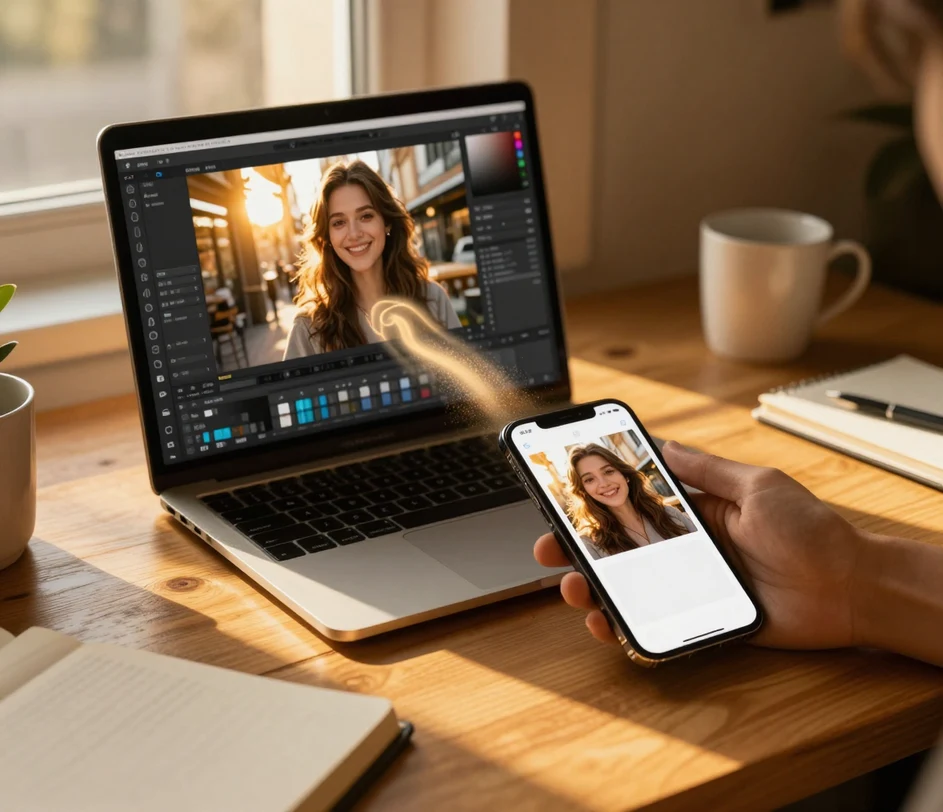 A downloaded polished selfie file being dragged from a web canvas into a phone folder containing a dating profile tab and a social feed draft, completing the workflow