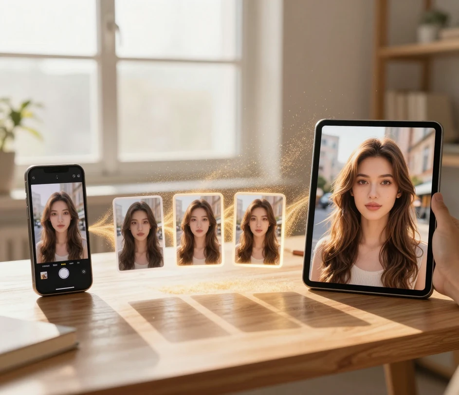A three-panel sequence across a bright desk: a phone snapshot upload, a look-and-prompt control panel, and the finished polished selfie downloading to a phone