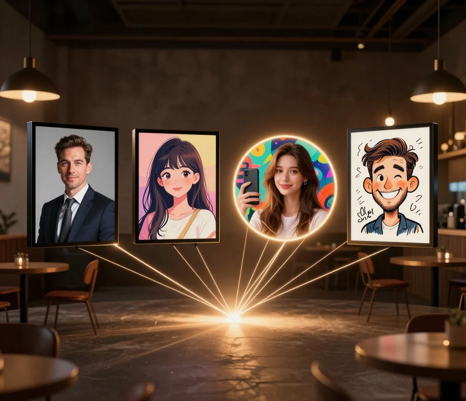 Four floating cards in a warm cafe scene — a studio portrait, an anime illustration, a stylized avatar, and a caricature sketch — linked by thin light threads around a central polished selfie