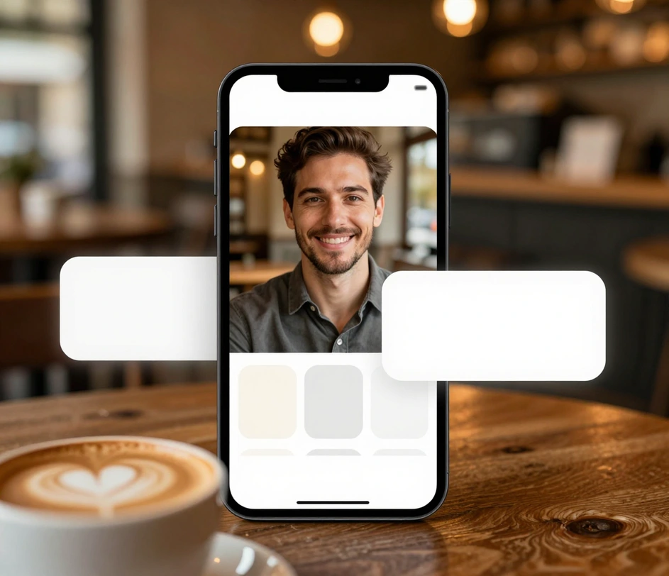 Obrazovka telefonu s profilem ve stylu seznamky, kde hlavní fotkou je selfie s teplým pozadím kavárny, měkkým bokeh a přívětivým úsměvem; poblíž se vznáší notifikační karty chatu