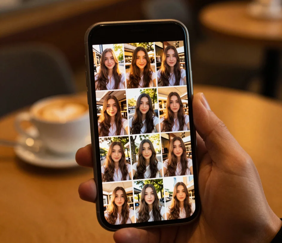 Telefon zobrazující devítidílnou mřížku ve stylu Instagramu, kde každá dlaždice je konzistentně osvětlené, uhlazené selfie téže tvůrkyně v různých outfitech a na různých pozadích