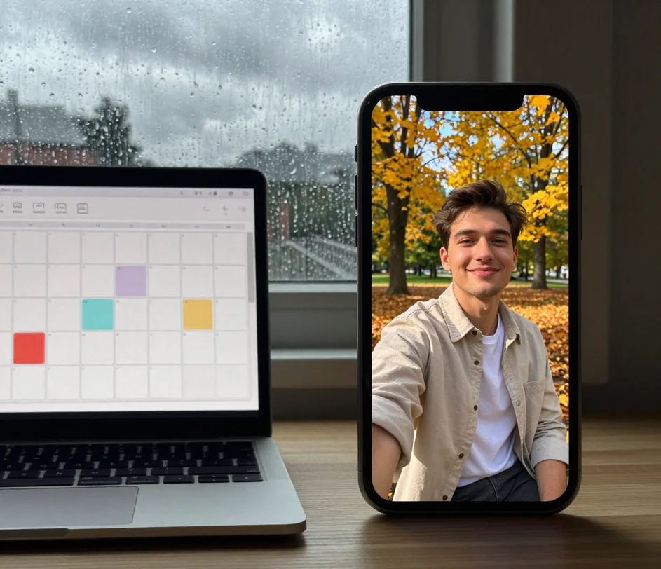 Obsahový kalendář na notebooku vedle telefonu zobrazujícího sluncem zalité selfie z parku vygenerované z interiérové fotky — tentýž člověk ve stylovém neformálním outfitu mezi podzimními stromy