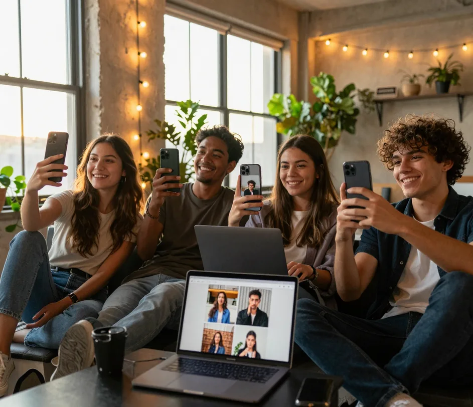 Různorodá skupina přátel ve světlém loftu porovnává na telefonech a noteboocích své vygenerované uhlazené selfie; řetězy světýlek a rostliny orámovávají uvolněný tvůrčí prostor
