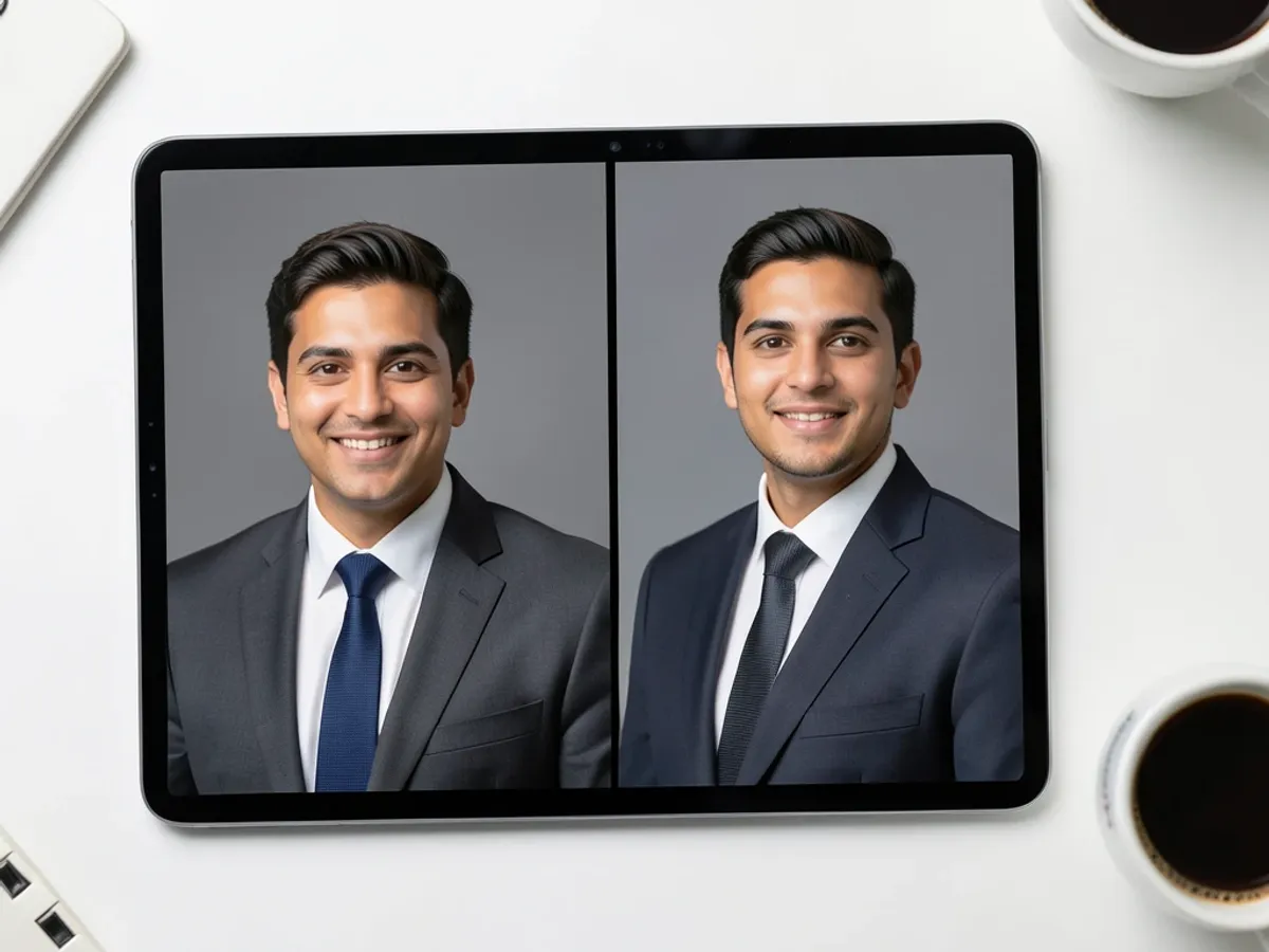 AI headshot generator transforming a casual selfie into a professional portrait with studio lighting and neutral background