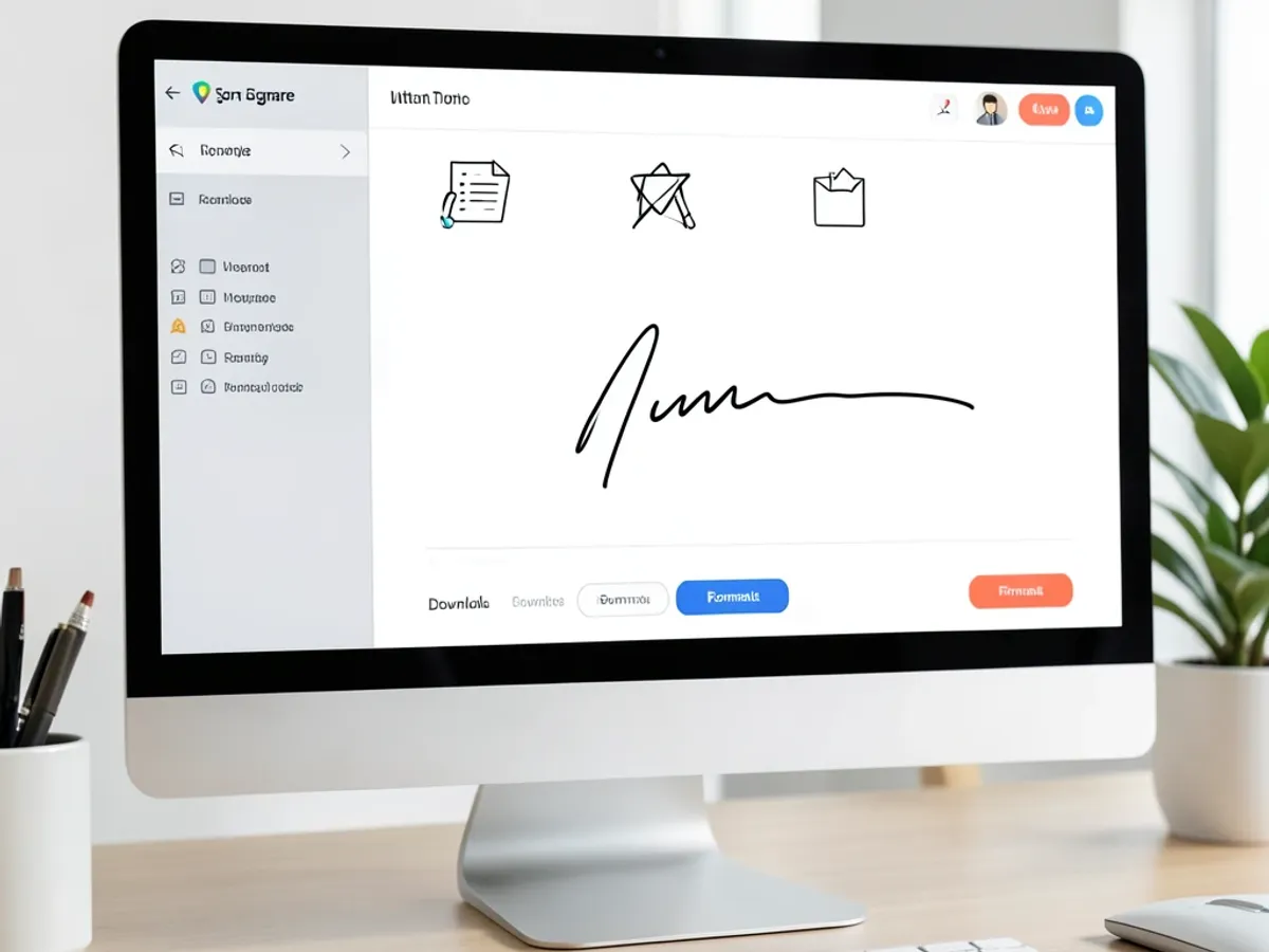 Electronic signature maker interface showing three input mode tabs with distinct line icons for typing, drawing, and uploading, alongside a high-resolution signature preview ready for document signing
